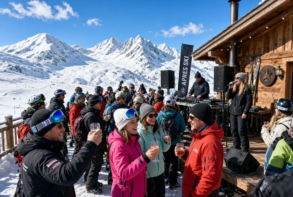 Vocalist con microfono e DJ alla console sulla terrazza di un locale in quota, con sciatori che brindano e piste innevate al sole